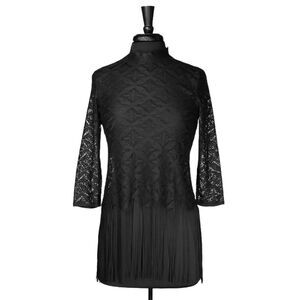 Zara Women's Blouse Black Floral Lace Tasseled Mock Neck 3/4 Sleeve Shirt Top XS